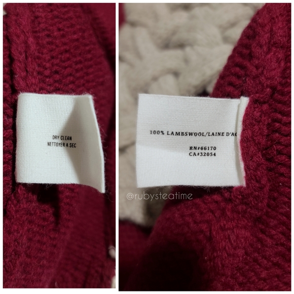 100% LambsWool Chunky Knit Maroon Burgundy Dk Red Cardigan, Braided Knit Pockets - Picture 8 of 8